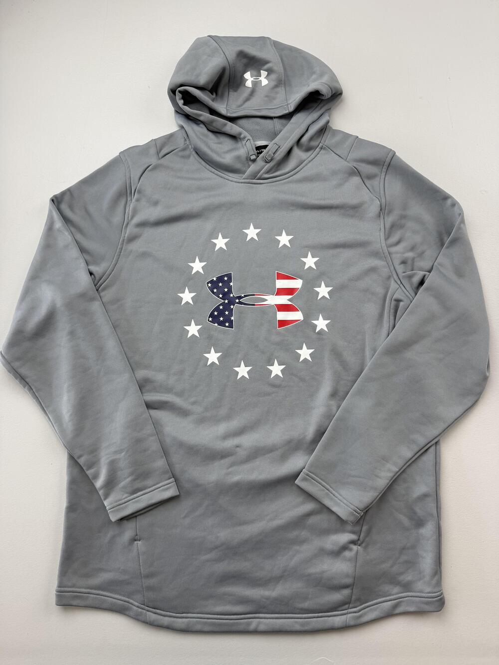 Under Armour Hoodie Sweatshirt Mens XL Gray Fleece USA Flag Logo Graphic Fitted